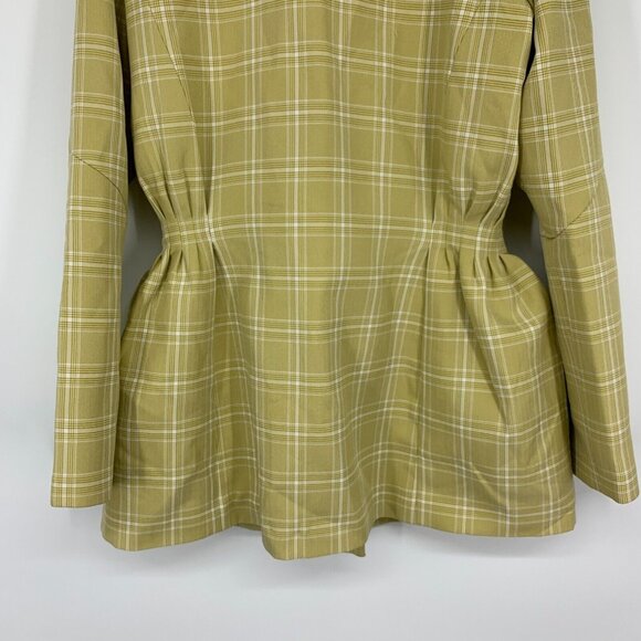 Onarin Blazer Yellow Print Plaid Cinched Button Down Lined Jacket - Picture 9 of 9